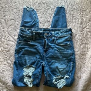 American Eagle Outfitters Women's Blue Distressed Overalls